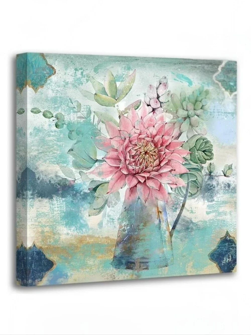 Floral Canvas Wall Art with Pink Dahlia 14" x 14"